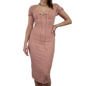 Pink Floral Print Lined Babydoll Cap Sleeve 90's-Style Dress, Women's Small